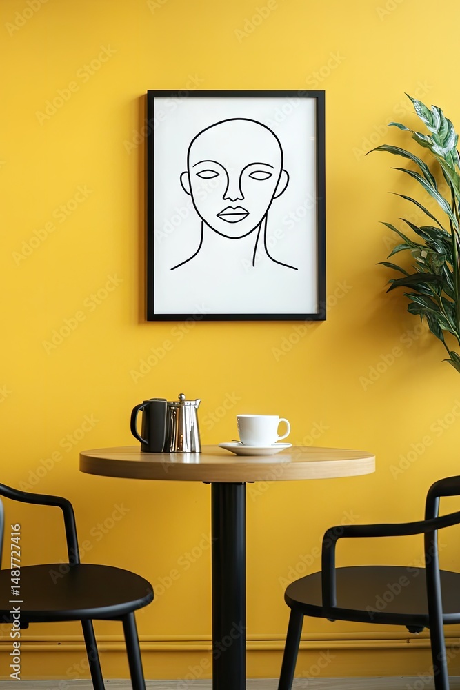 Poster a bright. minimalist caf? setting featuring a round table with two chairs. adorned with coffee cups.