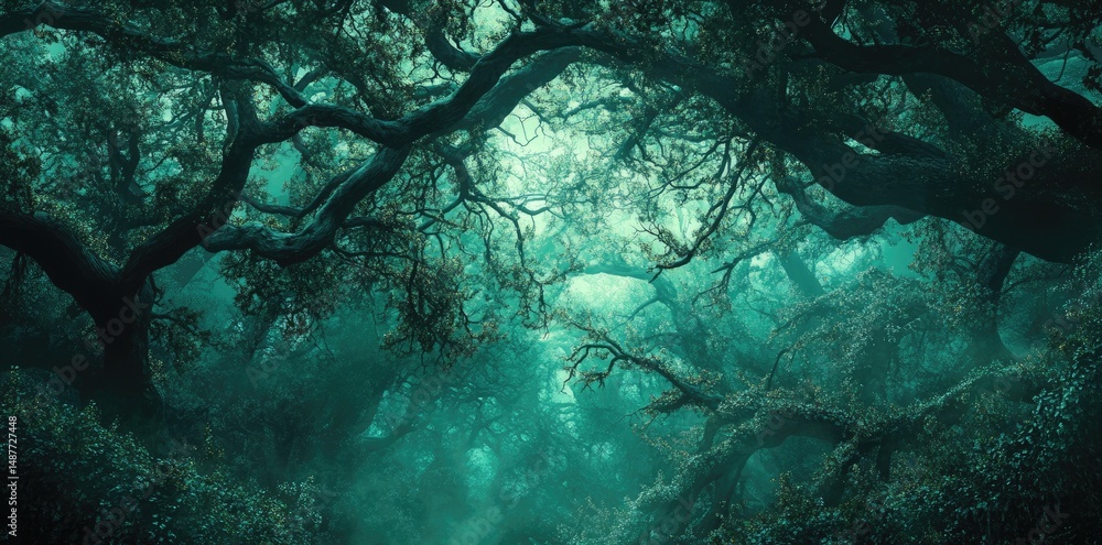Aufkleber a serene forest scene with dense foliage. sunlight filtering through the leaves. creating a mystical
