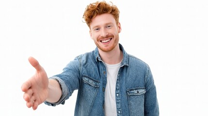 Young Redheaded Man Extending Hand in Welcoming Gesture