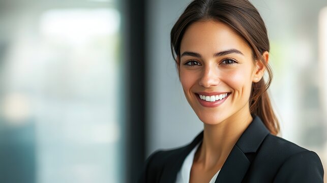 Confident businesswoman smiling, radiating professionalism and approachability in a modern office setting.
