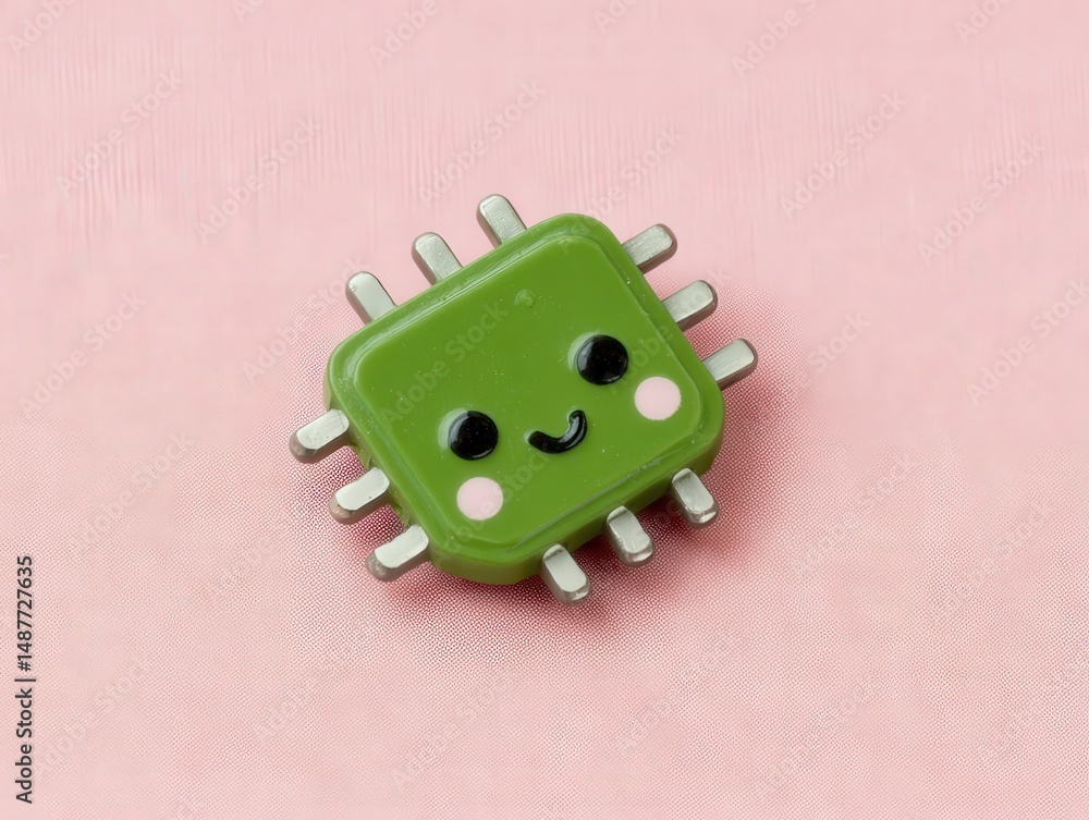 Poster cute green smiling microchip with cartoonish features against a soft pink backdrop showcasing adorab