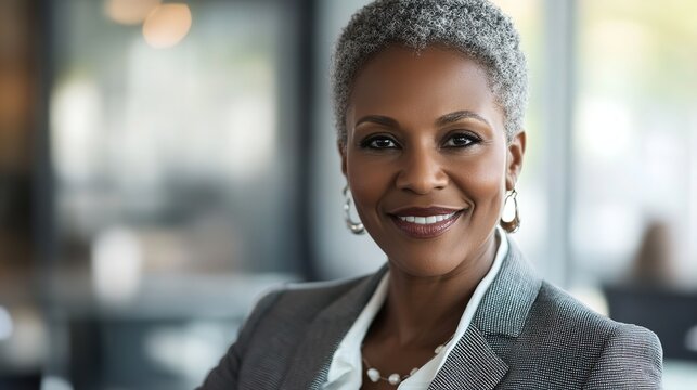 Confident businesswoman smiling, radiating professionalism and approachability in a modern office setting.
