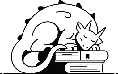 Sleeping Dragon on Books - Minimalist Vector