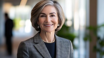 Confident businesswoman smiling, radiating professionalism and approachability in a modern office setting.
