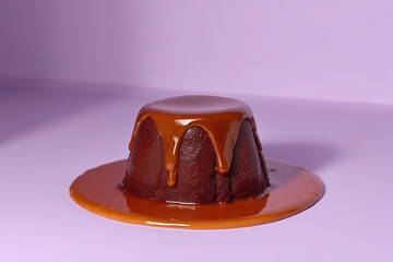 Tempting Sticky Toffee Pudding: Cozy Corner Food Photography with Soft Lilac Background