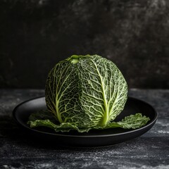 cabbage vegetable on black plate, dramatic dark setting, organic food art, minimal and premium styling