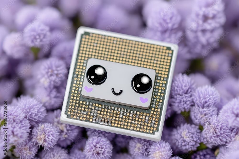 Poster cute processor chip adorned with happy facial expression surrounded by soft purple flowers creating 