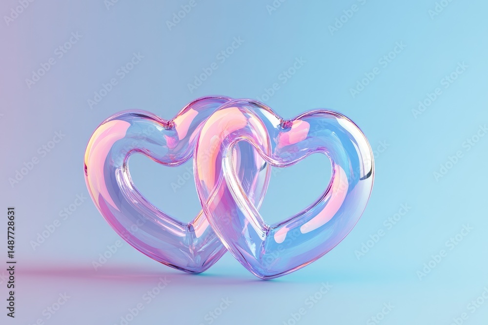 Poster three colorful. translucent hearts with a gradient design are arranged artistically against a soft b