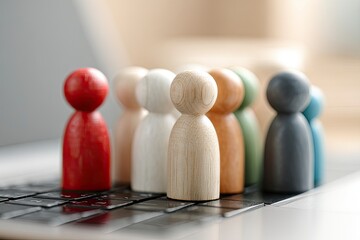 Wooden Figurines: A Minimalist Group Portrait with a Red Leader