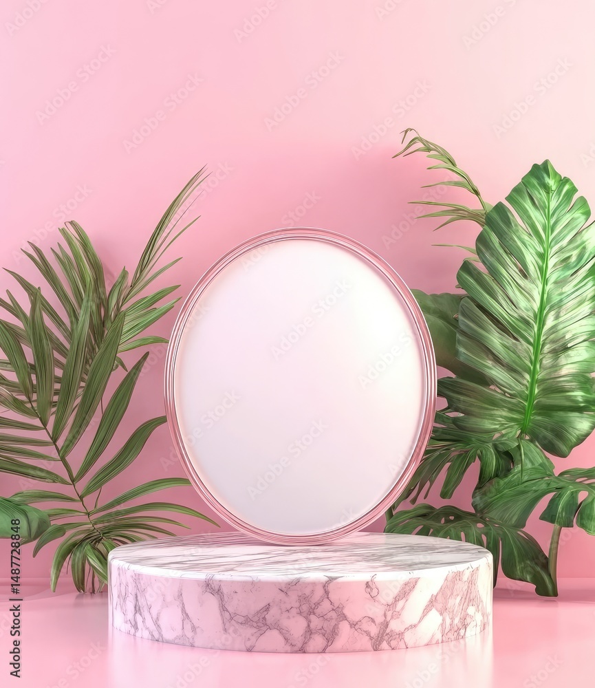 Poster a minimalist display featuring a circular platform against a soft pink backdrop. surrounded by lush 