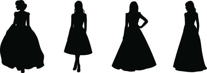 Elegant silhouette illustrations of women wearing various styles of dresses and gowns