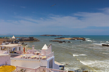 Rooftop view of the harbor and Mogador Island, Essaouira, Morocco