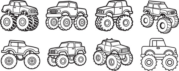 set of Monster Truck line art, black outline, vector and illustration, coloring book page line art drawing © 69creativedesigner