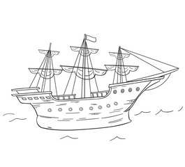 Junk ship in the sea, cartoon line drawing