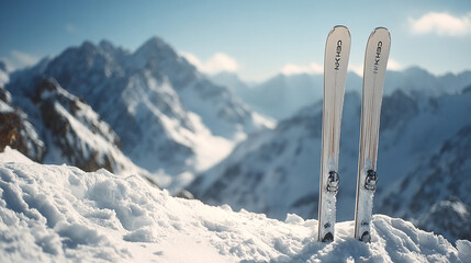 Pair of skis standing in snow with a mountainous landscape on a clear day