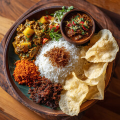 Sri Lankan curry platter with rice, coconut sambol, and poppadoms
