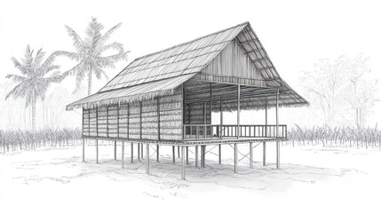 Rural Stilt House Drawing, Tropical Setting