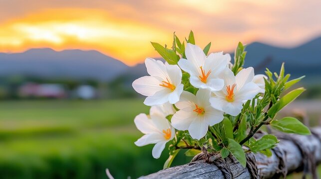 the delicate white petals of the tung flower bloom in abundance across the countryside in the early morning, creating a serene and picturesque scene.
