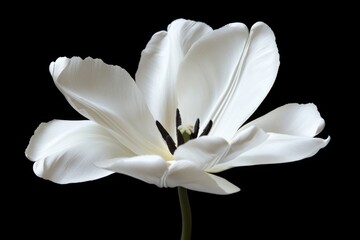 Fototapeta premium Close-up shot of a tulip in bloom, fine petal details with dramatic lighting, centered on a black backdrop for luxury botanical presentation