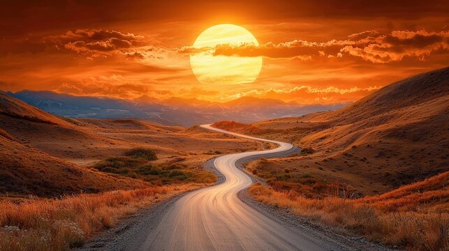 an illustration of an empty, winding mountain road stretching towards the horizon under a bright sunset on a sunny summer day, with the warm, golden light casting long shadows across the landscape.