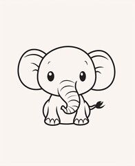 Fototapeta premium A cute elephant sits upright with a playful expression, its trunk curled and tail hanging, large ears and small tusks visible, looking directly at the viewer.