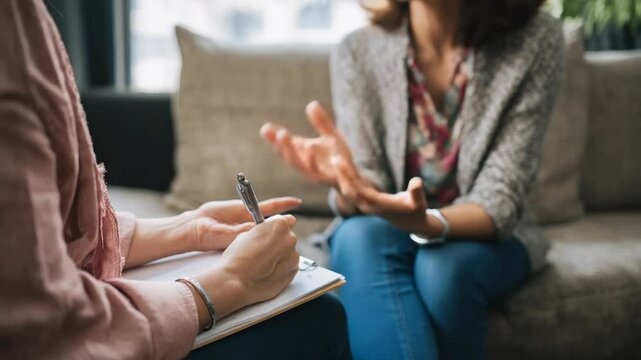 Two women in conversation, therapy session.