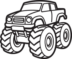Monster Truck line art, black outline, vector and illustration, coloring book page line art drawing