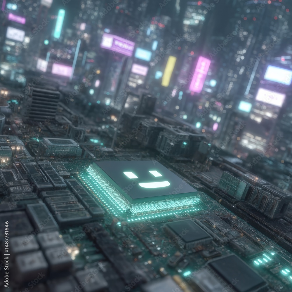 Poster futuristic cityscape showcasing a smiling microchip illuminated by neon lights emphasizing technolog