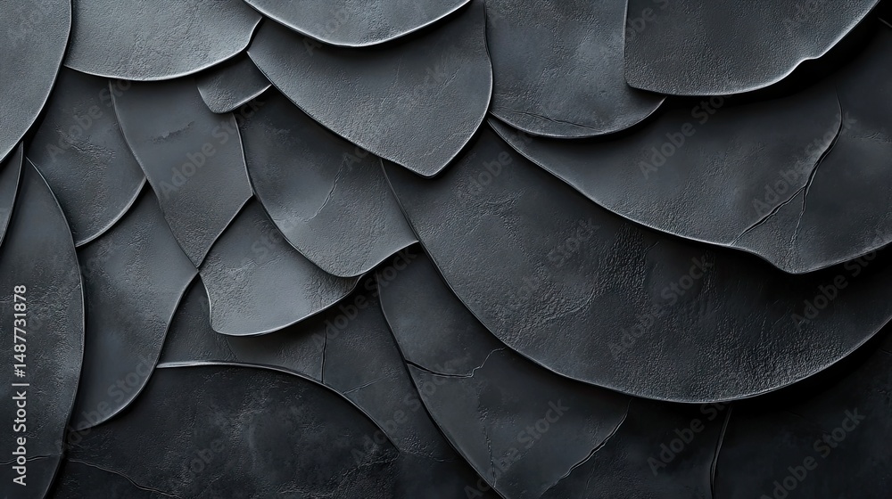 Poster a close-up view of overlapping dark leaves arranged artistically on a textured surface. showcasing a