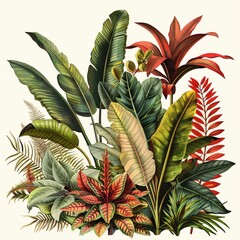 Obraz premium A vibrant botanical illustration poster featuring tropical plants in a simplified style with soft-shaded leaves, reminiscent of Haeckel's work.