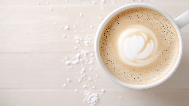 Top view of a coffee latte with beautiful latte art and scattered powdered sugar on a light wooden table