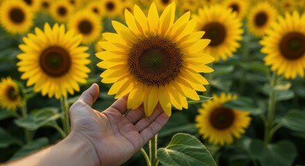 Fototapeta premium Close-up of a Hand Gently Touching a Vibrant Yellow Sunflower in a Sunny Field