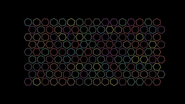 grid of softly outlined, candy-colored hexagons rotating in alternating directions. Designed in a staggered honeycomb pattern, the hexagons pulse with motion and vibrant colors