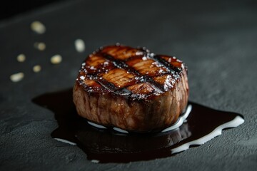 Cooked barbecue beef with char lines and glazed surface, presented in a clean, high-end food photo on dark background