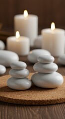 Obraz na płótnie Canvas Zen stones stacked with white candles in a spa and wellness setting