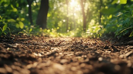 Ants traversing a sun-drenched forest path, a miniature world of toil