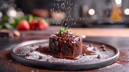 Delicious Molten Chocolate Lava Cake Dessert, Garnished with Mint and Powdered Sugar, Served on Dark Plate