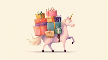 Charming unicorn carrying a stack of presents.