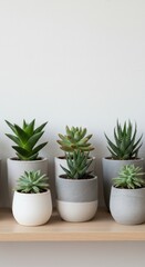 Fototapeta premium Minimalist Succulent Plants in White and Gray Pots on Wooden Shelf