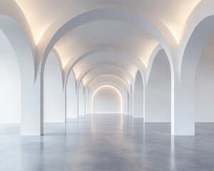 Obraz premium Elegant, minimalist arched hallway. Light streams through arches