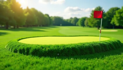 Football-shaped golf course green with flagstick, fairway, funny, hybrid