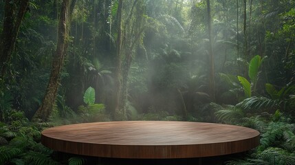 Circular wooden platform in a lush, tropical forest.
