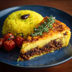 South African bobotie with golden crust, side of yellow rice