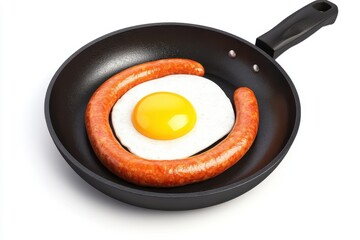 Sausage and egg cooking on frying pan 3D icon isolated on white background, perfect for breakfast, food, and kitchen themes