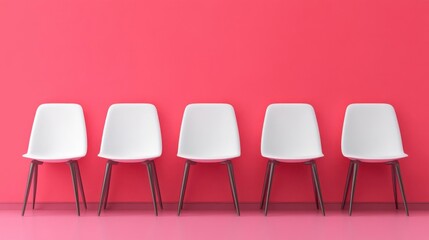 Five white chairs against a pink wall