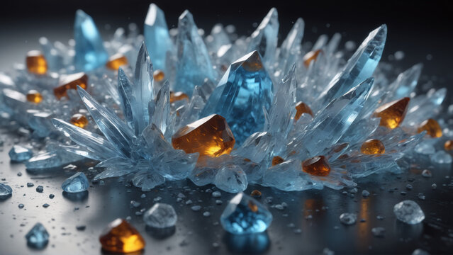 Abstract cluster of sharp blue and orange glowing crystals on dark surface