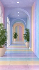 Fototapeta premium Pastel Rainbow Hallway with Arched Doorways and Potted Plants