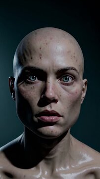 Portrait hyperr&eacute;aliste d&rsquo;une femme chauve au regard intense et expression fig&eacute;e

