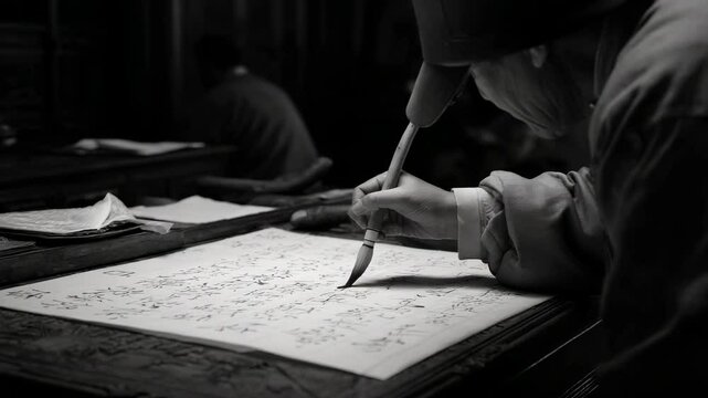 Person writing with brush on paper, close-up view.
