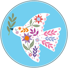 Charming illustration of a white dove carrying an olive branch, made in a bright and positive folk art style. The bird's body is decorated with flowers, leaves and hearts symbolizing peace, kindness, 